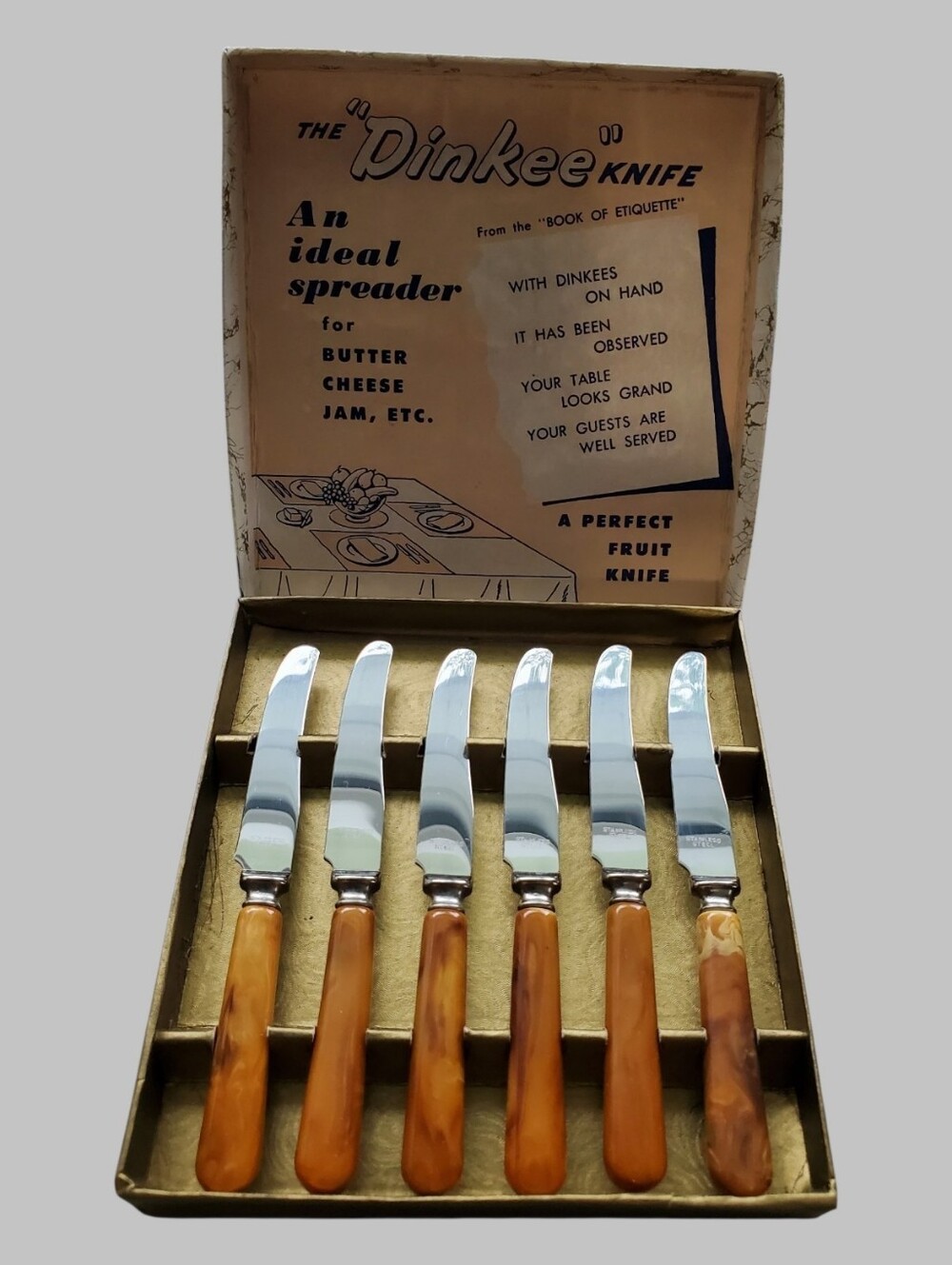 Vintage Glo-Hill "The Dinkee Knife" Set Of 6 Bakelite Spreaders A 68